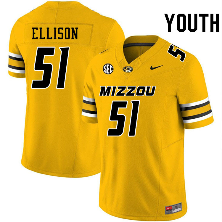 Youth #51 Tyson Ellison Missouri Tigers College Football Jerseys Stitched-Gold